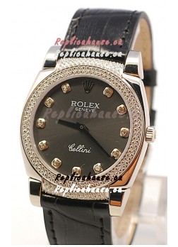 Rolex Cellini Cestello Ladies Swiss Watch in Matte Black Face and Diamond Bezel