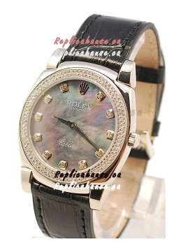 Rolex Cellini Cestello Ladies Swiss Watch in Black Pearl Face Diamonds Markers