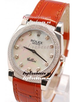 Rolex Cellini Cestello Ladies Swiss Watch in White Pearl Face Diamonds Hour, Bezel and Lugs