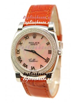Rolex Cellini Cestello Ladies Swiss Watch Beige Pearl Roman Face Diamonds Bezel
