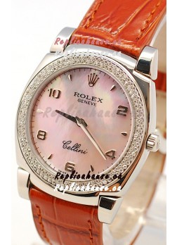 Rolex Cellini Cestello Ladies Swiss Watch in Pink Pearl Face Diamonds Bezel