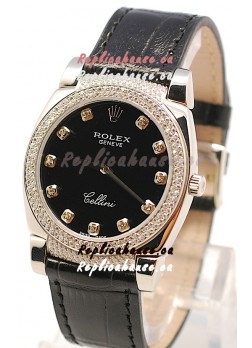 Rolex Cellini Cestello Ladies Swiss Watch in Matte Black Face Diamond Markers