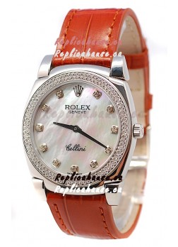 Rolex Cellini Cestello Ladies Swiss Watch in White Pearl Face Diamonds Bezel and Hours Markers
