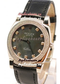 Rolex Cellini Cestello Ladies Swiss Watch in Black Pearl Face Diamonds Markers