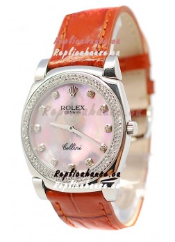 Rolex Cellini Cestello Ladies Swiss Watch Pink Pearl Diamonds Bezel and Hours Markers