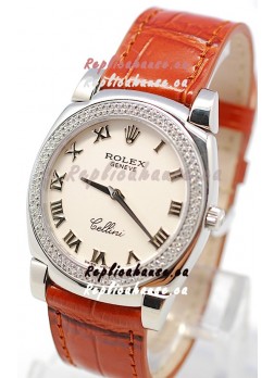 Rolex Cellini Cestello Ladies Swiss Watch White Roman Face Diamonds Bezel