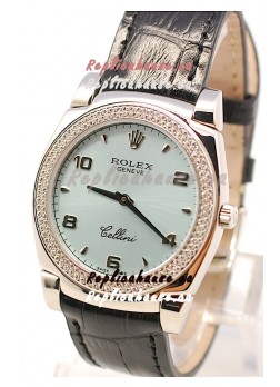 Rolex Cellini Cestello Ladies Swiss Watch in Blue Face Black Leather Strap Diamonds Bezel 