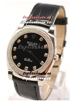 Rolex Cellini Cestello Ladies Swiss Watch in Black Face and Diamond Markers