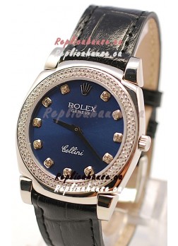 Rolex Cellini Cestello Ladies Swiss Watch in Dark Blue Face and Diamond Bezel